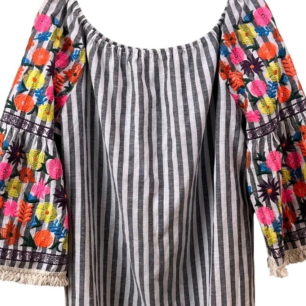 Philosophy Gray White Striped Embroidered Floral Sleeve Dress Linen Boho‎ Large - Picture 3 of 9